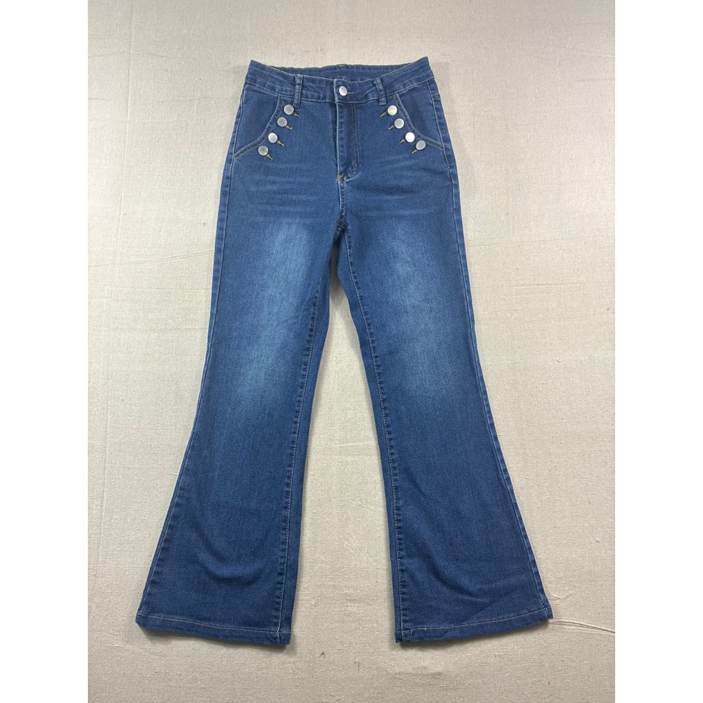 Womens Blue Denim Bell‎ Bottom Jeans High Rise Button Flare